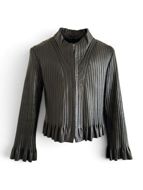 Vintage Beverly Hills Leather Club Jacket Black Ribbed Pleated Ruffle XL Rare!